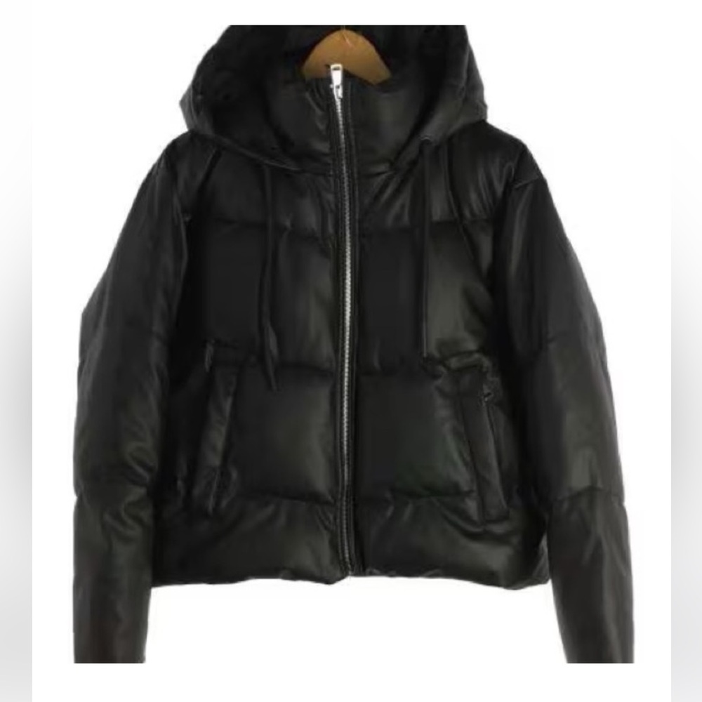 Zara Black Faux Leather Coat with hood. Women’s sz XXL